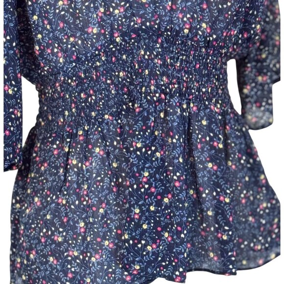 Soho By Stephanie Horne Size Small Blous Womens Navy Floral Print Smocked Waist - Picture 3 of 6